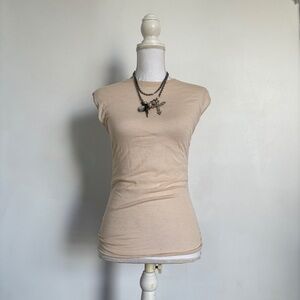 Tan boat neck scrunched tank top.